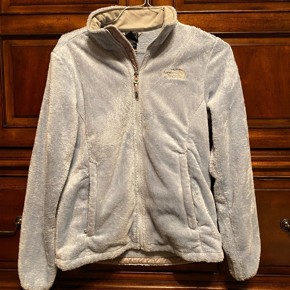 Light blue North Face fuzzy zip up jacket